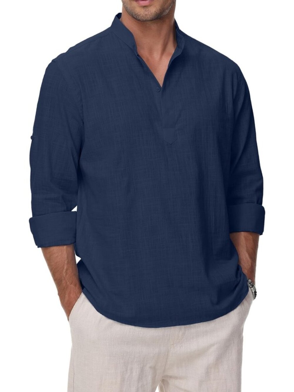 Lightweight Casual Cotton Linen Men's Long Sleeve Henley Beach Shirt - Summer